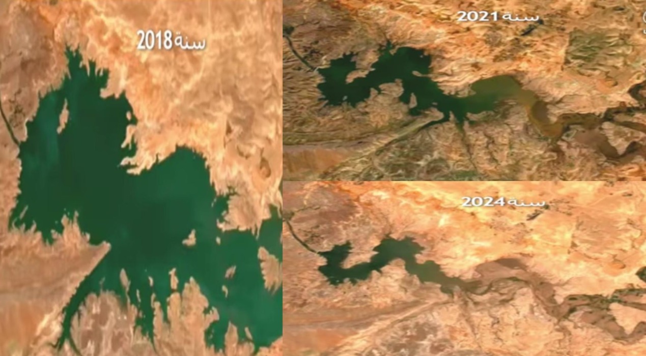 صورة مؤخودة عن موقع الما ديالنا تبين التراجع الكبير لحقينة سد المسيرة بين 2018 و 2024