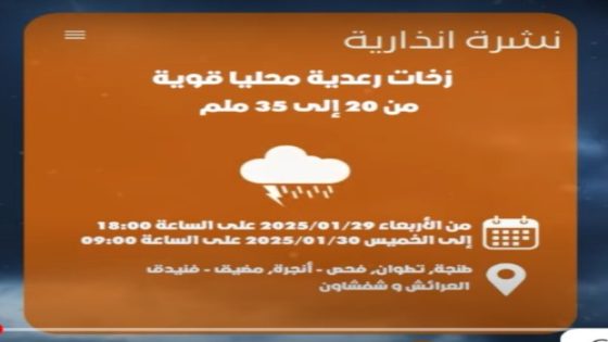 فيديو..نشرة إنذارية حول طقس الأربعاء29 و الخميس30 يناير