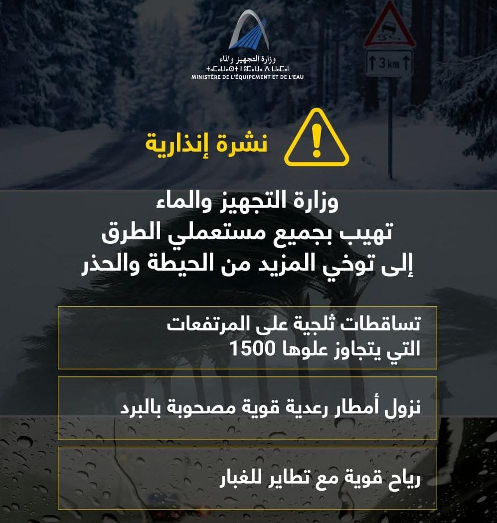 نشرة إنذارية.. وزارة التجهيز والماء تدعو مستعملي الطريق إلى اتخاذ الحيطة والحذر