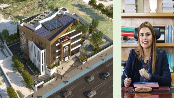 السيدة ناهد حمتامي، مديرة الوكالة الحضرية بالقنيطرة، إلى جانب صورة للمقر الجديد للوكالة